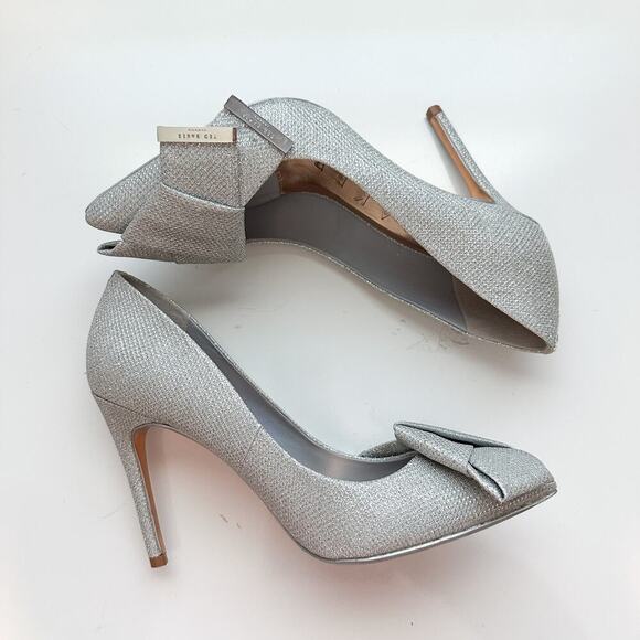 Ted Baker Silver Glitter Metallic Bow Detail Pointed Toe Linesm Pumps Size 38.5 - Picture 8 of 11